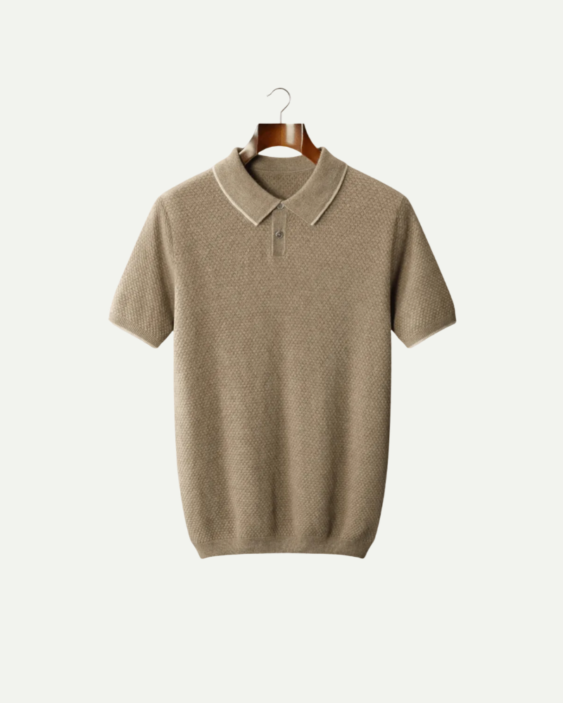 Beige cashmere knit polo shirt men short sleeve luxury textured polo