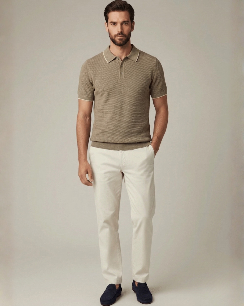 man in Beige cashmere knit polo shirt men elegant smart casual summer outfit