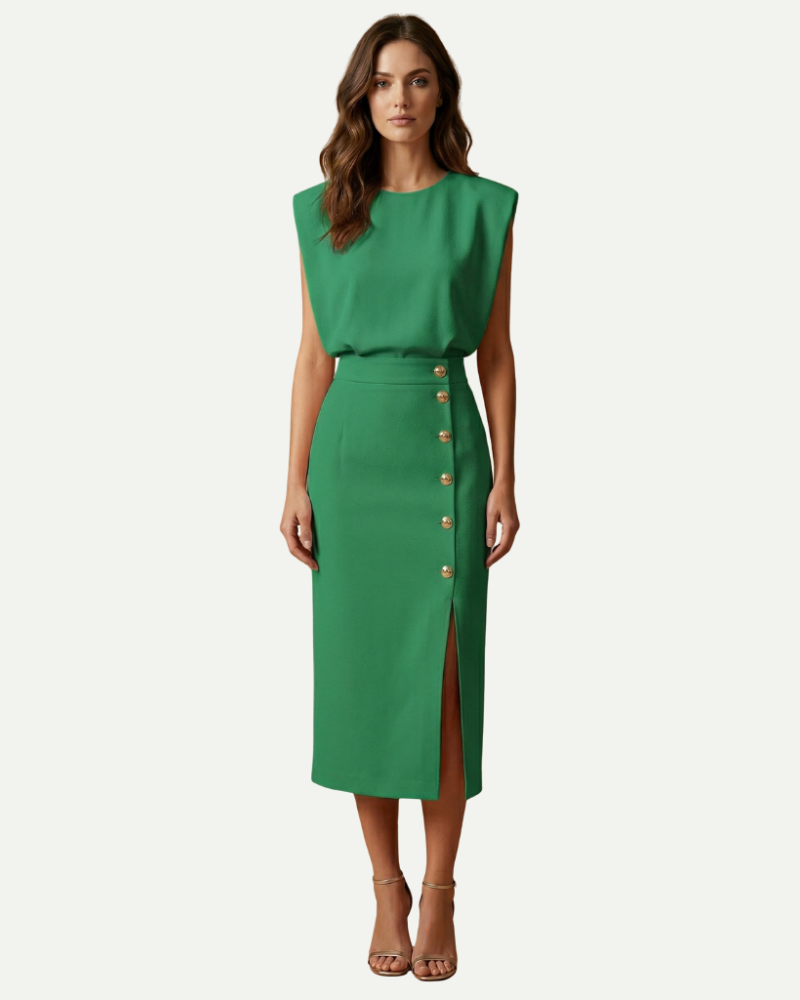 female model wearing green sheath midi dress sleeveless summer look Lubomirske