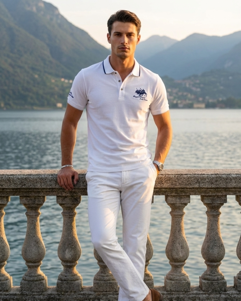Men’s white short sleeve embroidered polo shirt styled for summer outfit