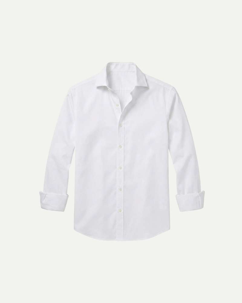 Men’s white fitted button-up dress shirt with structured collar by Aveloire