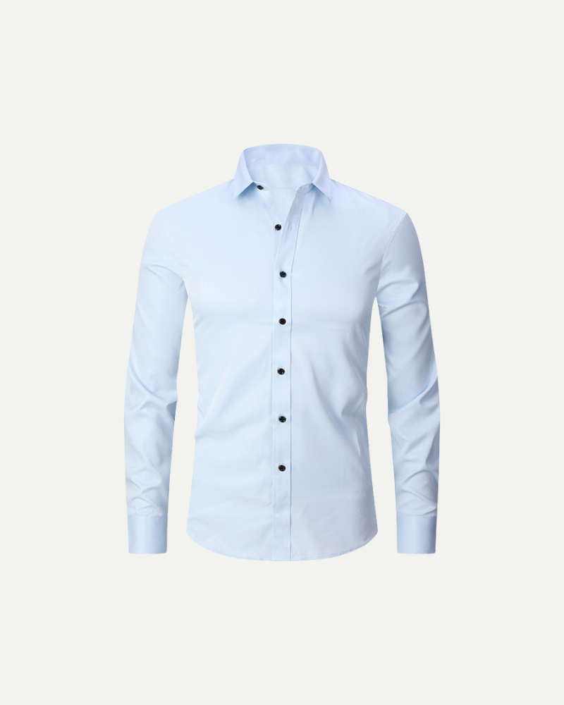 Men’s light blue slim fit button-up dress shirt with structured collar