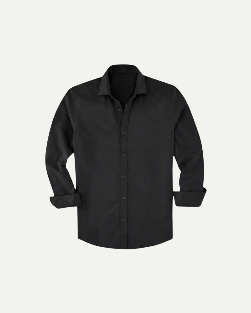Men’s black fitted button-up dress shirt with structured collar