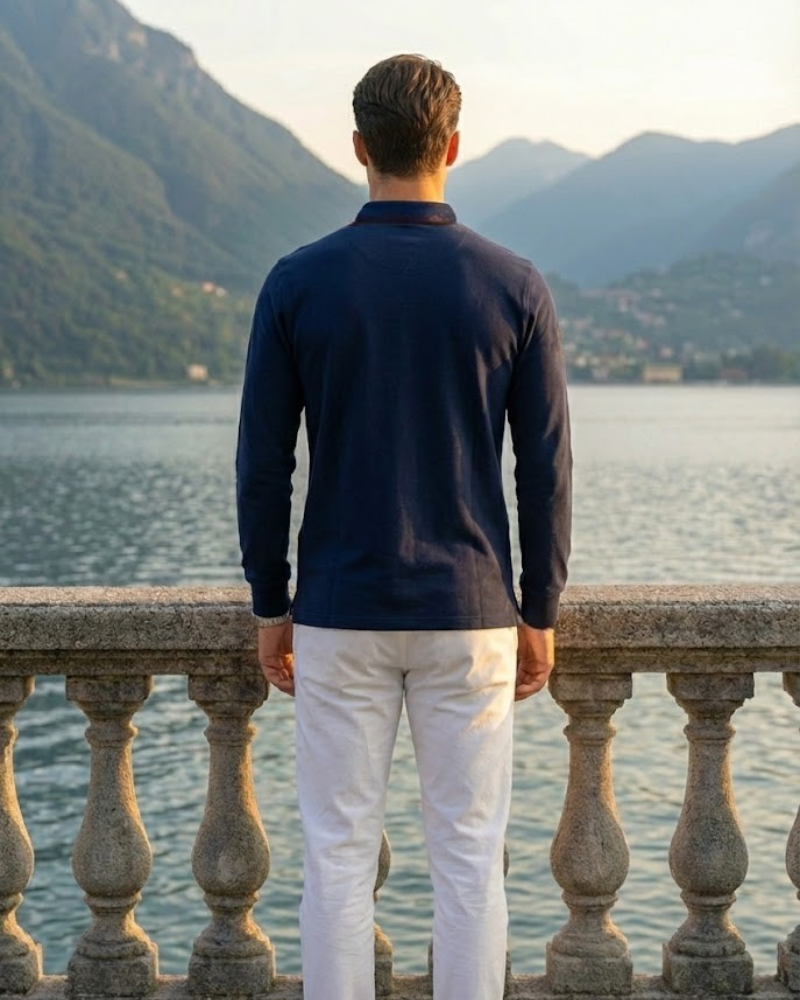 Back view of men’s navy long sleeve polo shirt with classic fit