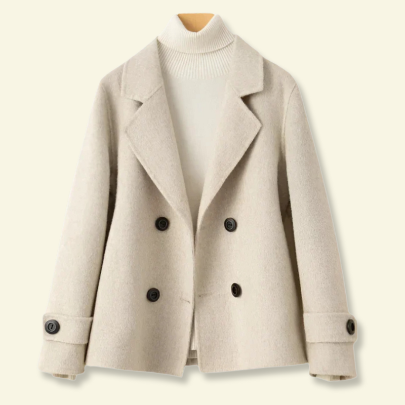 Cream ladies overcoat, short double breasted, front product shot — Aveloire