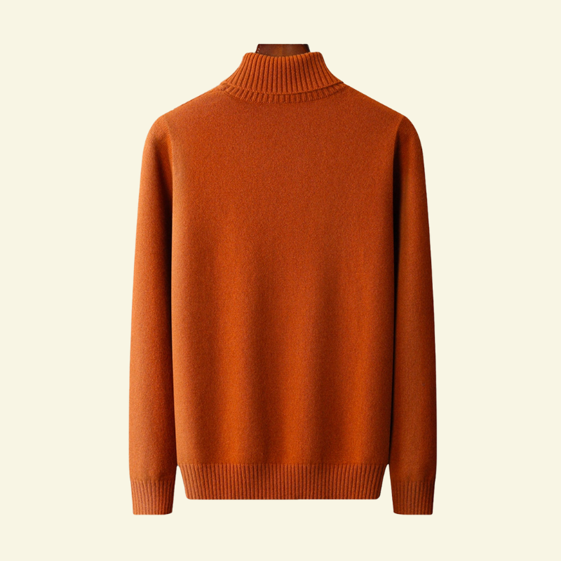 Dark orange wool turtleneck sweater flat lay, back view product photo — Aveloire