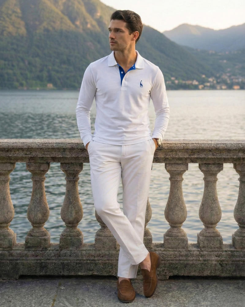 Men’s white long sleeve embroidered polo shirt with classic collar