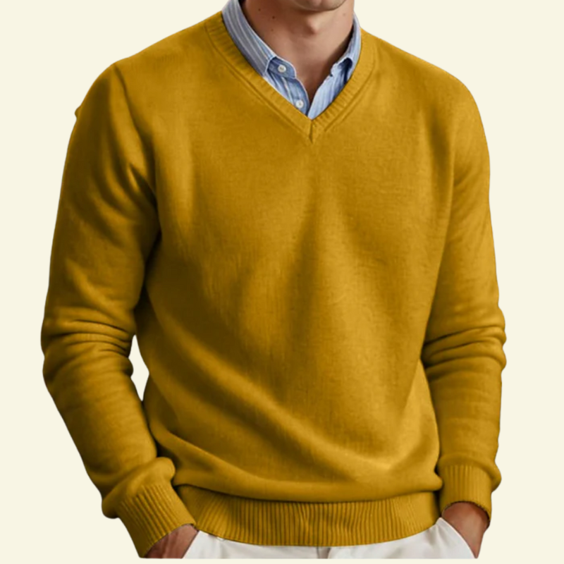 Mustard wool v neck sweater for men, layered over a collared shirt — Aveloire