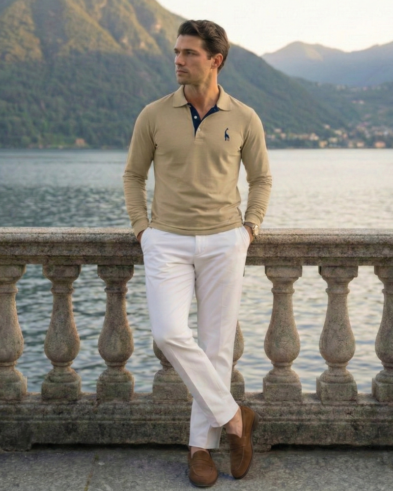 Men’s beige long sleeve embroidered polo shirt with classic collar