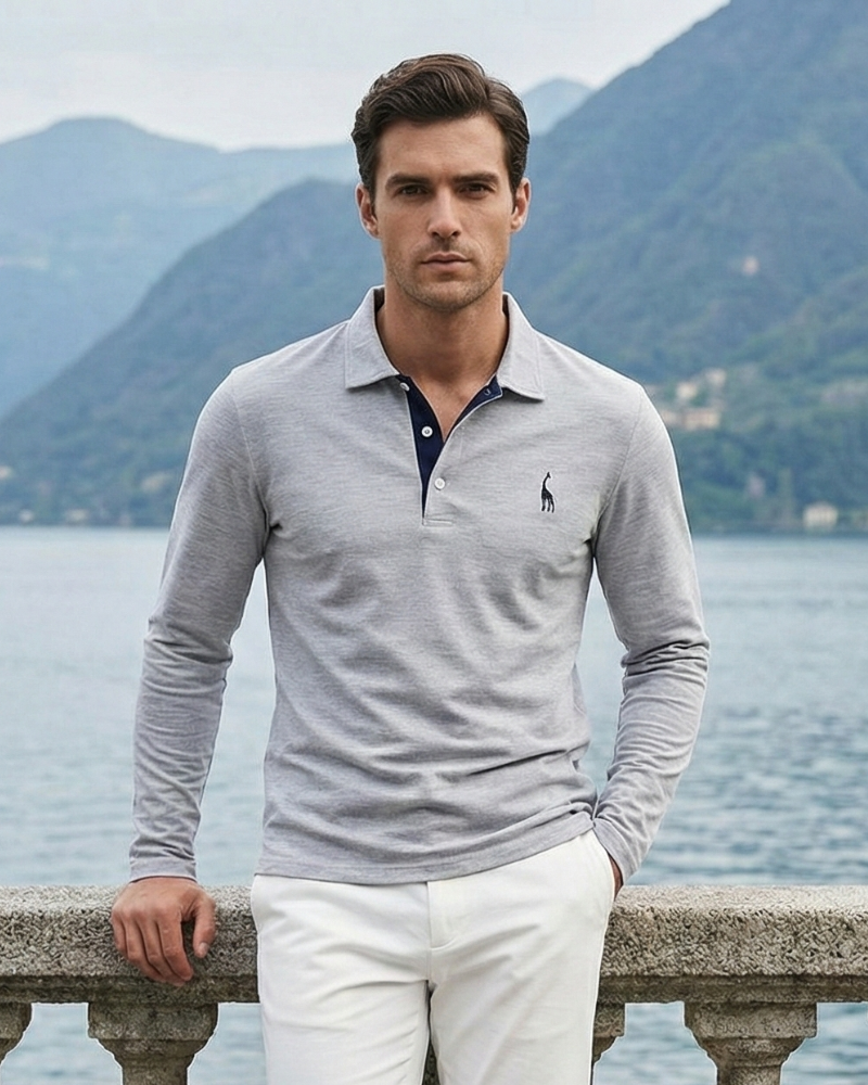 Men’s light gray long sleeve embroidered polo shirt with classic collar