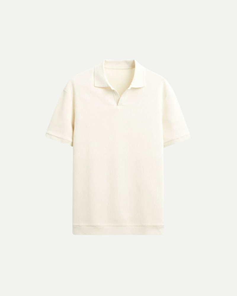 Men’s cream slim fit knit polo shirt with seagull collar by Aveloire
