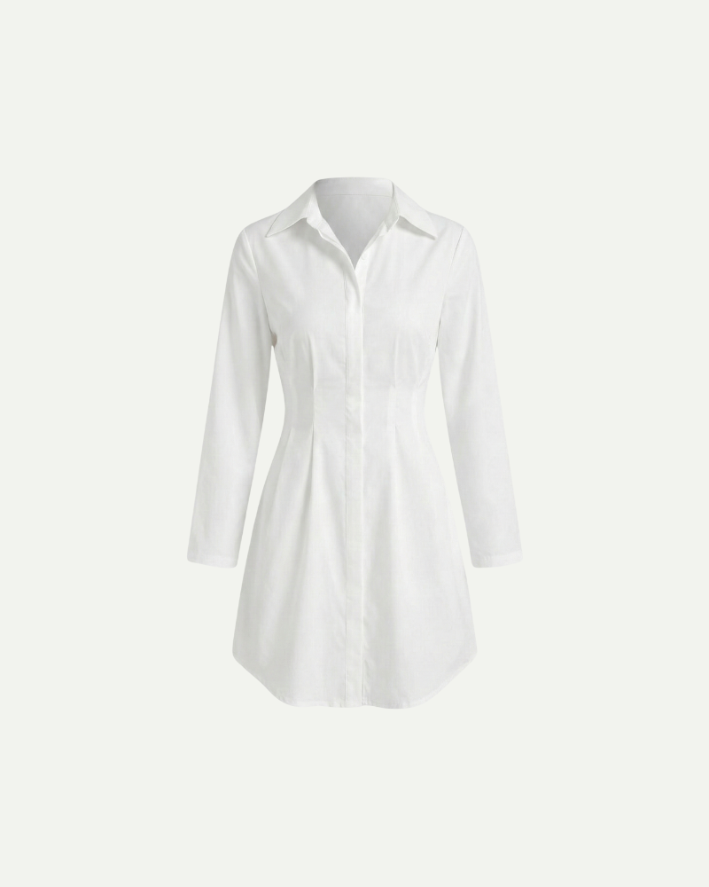 Women’s white long sleeve shirt dress with button front and classic collar by Aveloire