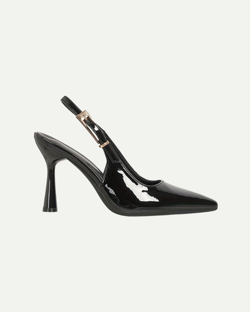 Women’s black patent slingback pumps with pointed toe and kitten heel by Aveloire