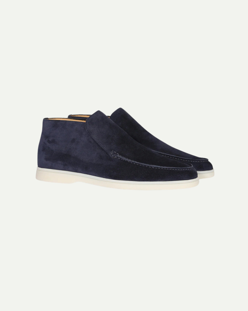 Men’s midnight navy suede high-top slip-on loafers with minimalist design