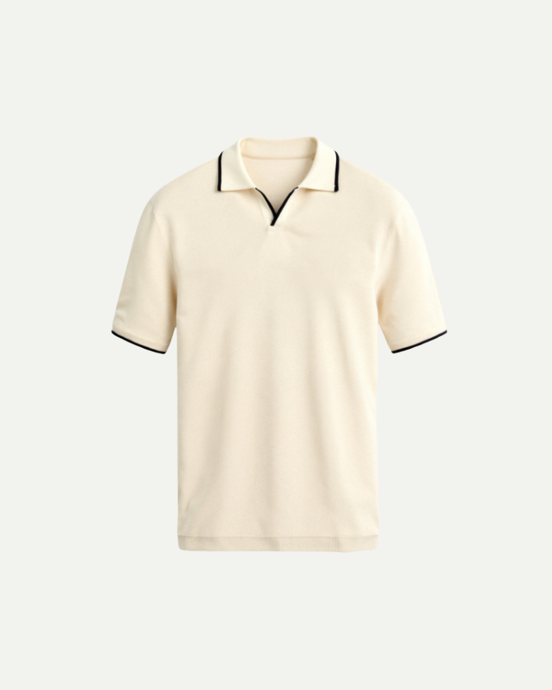 Beige men’s knit polo shirt with open collar and black contrast trim, short sleeve, front view on plain background