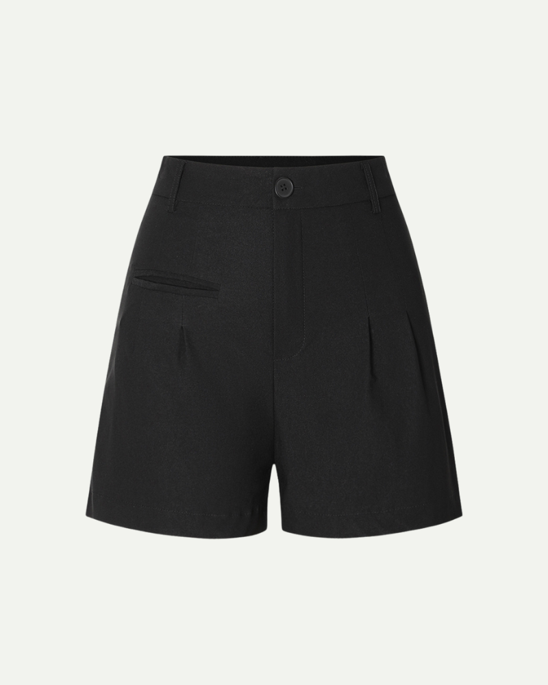Women’s black high rise tailored shorts with clean straight leg silhouette by Aveloire