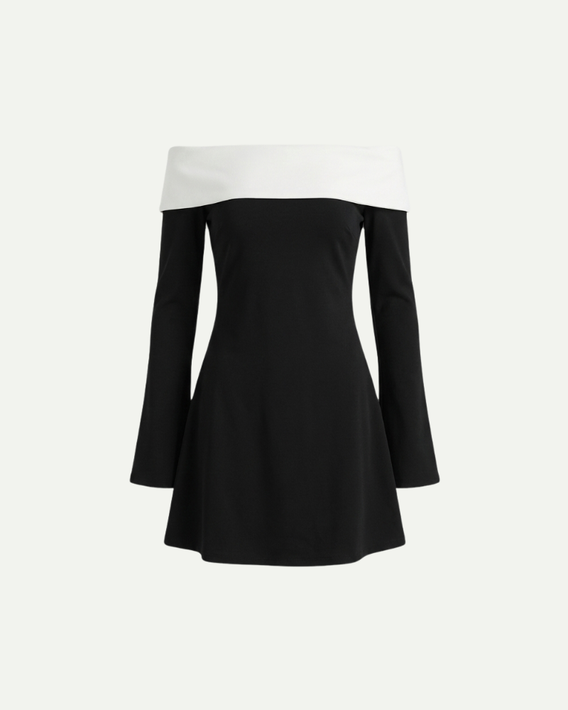 Women’s black off-shoulder mini dress with contrast neckline and long sleeves by Aveloire