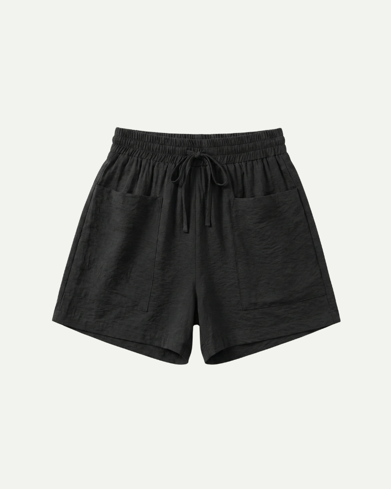 Women’s black hemp blend drawstring shorts with elastic waistband and relaxed fit by Aveloire