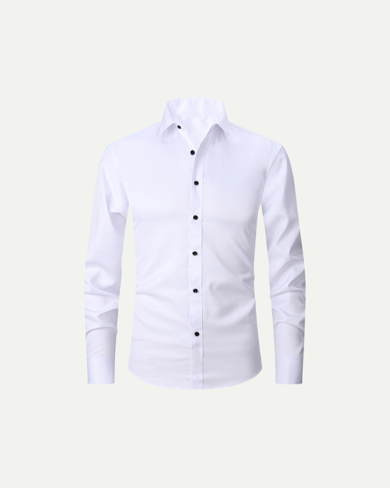 Men’s white slim fit button-up dress shirt with structured collar by Aveloire