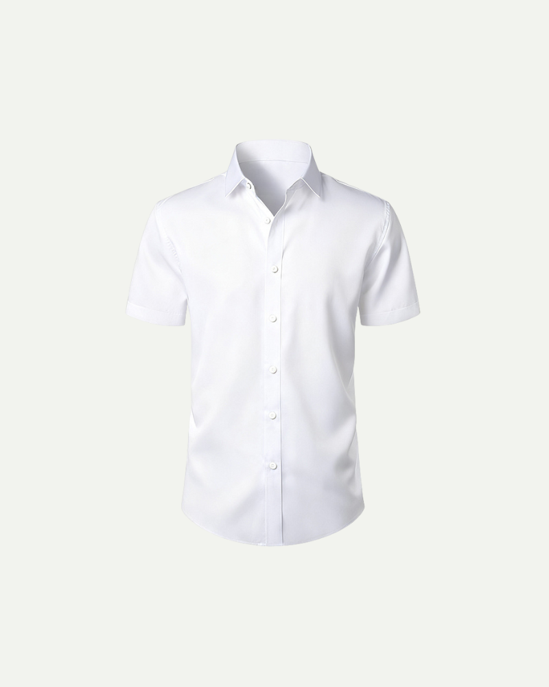 Men’s white short sleeve button-up dress shirt with slim fit and structured collar by Aveloire