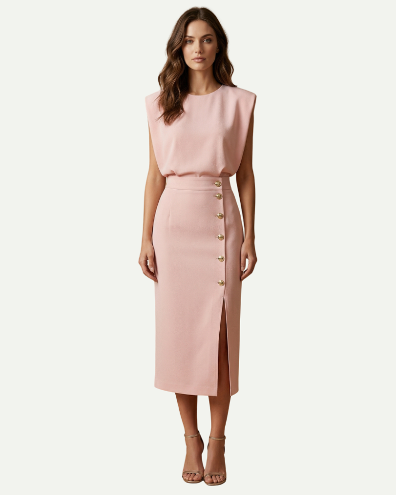 female model wearing blush pink sheath midi dress front view elegant fit Lubomirske