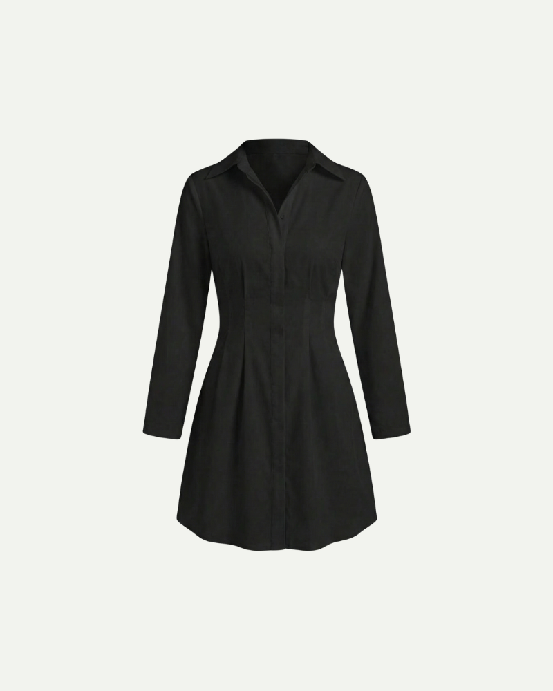 Women’s black long sleeve shirt dress with button front and classic collar