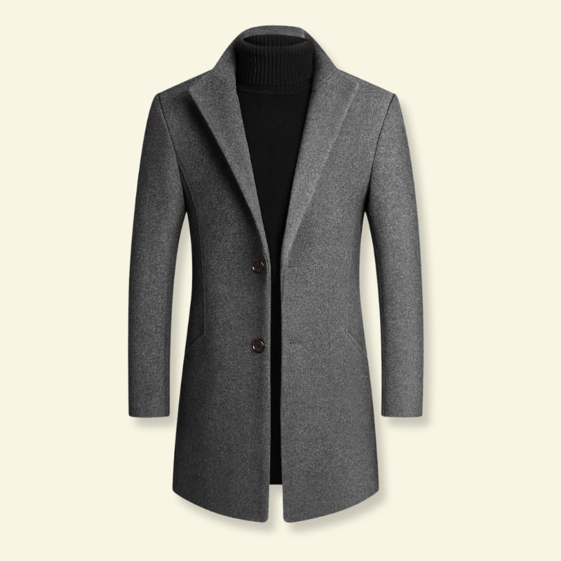 Gray stand collar overcoat for men, front product shot — Aveloire