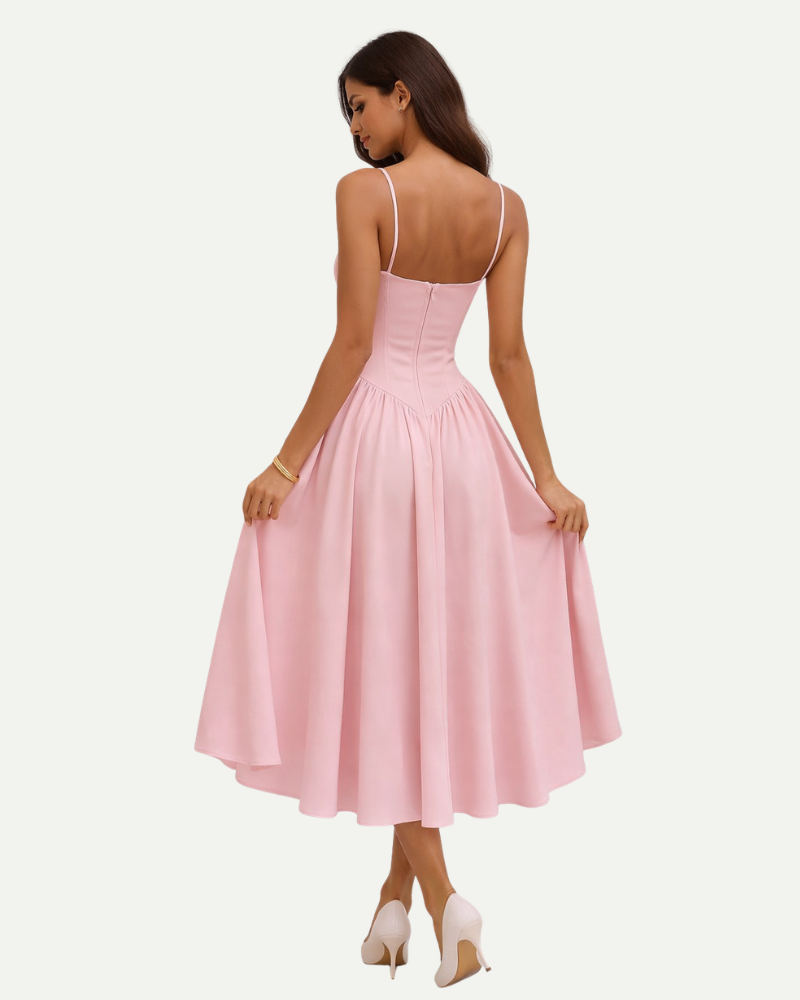 Female model back view wearing pink bustier midi dress A-line flowing skirt