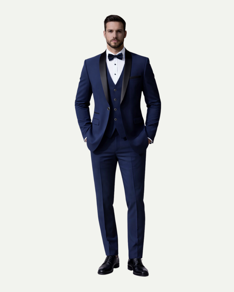 Male model wearing navy blue three piece tuxedo suit formal outfit full body