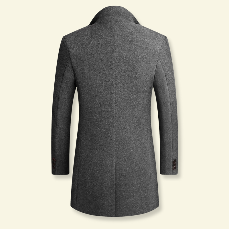 Gray stand collar overcoat for men, back product shot — Aveloire