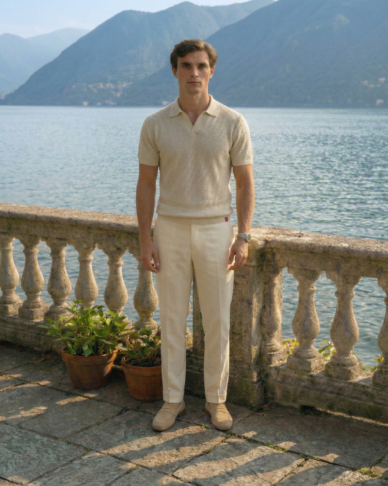 Men’s beige leather slip-on loafers styled with light summer outfit