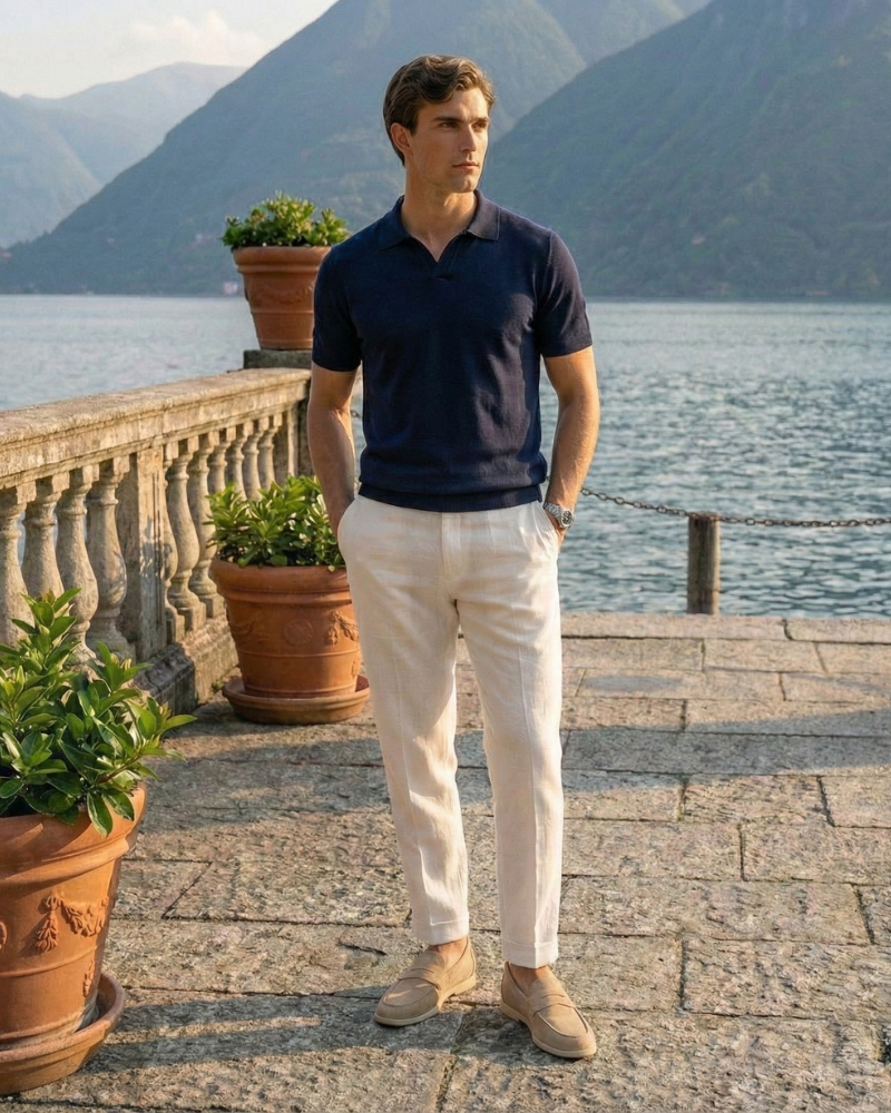 Men’s navy short sleeve cotton blend polo shirt styled for summer outfit
