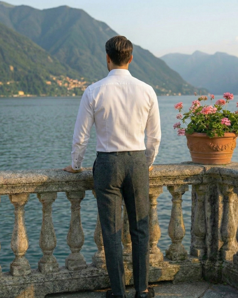 Back view of men’s white slim fit button-up dress shirt