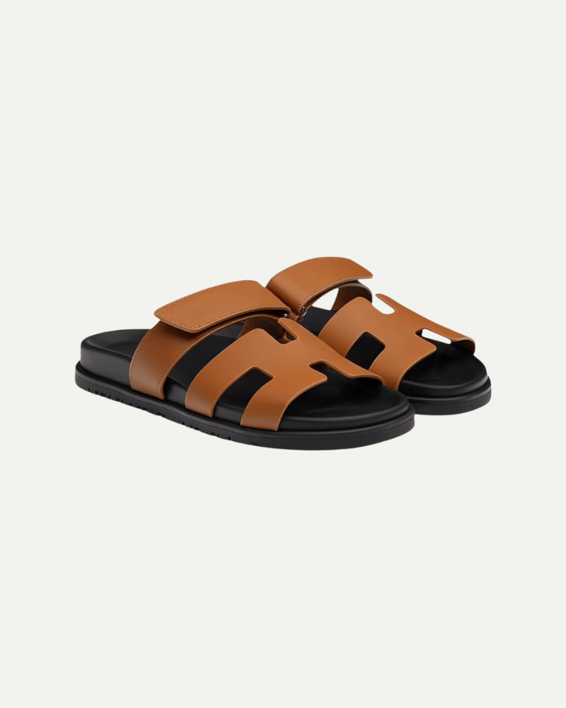 Brown velcro strap slide sandals pair view