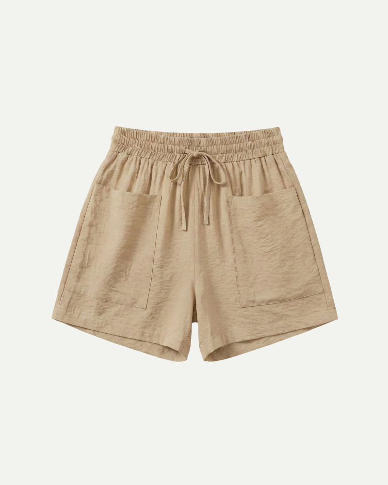 Women’s beige hemp blend drawstring shorts with elastic waistband and relaxed fit