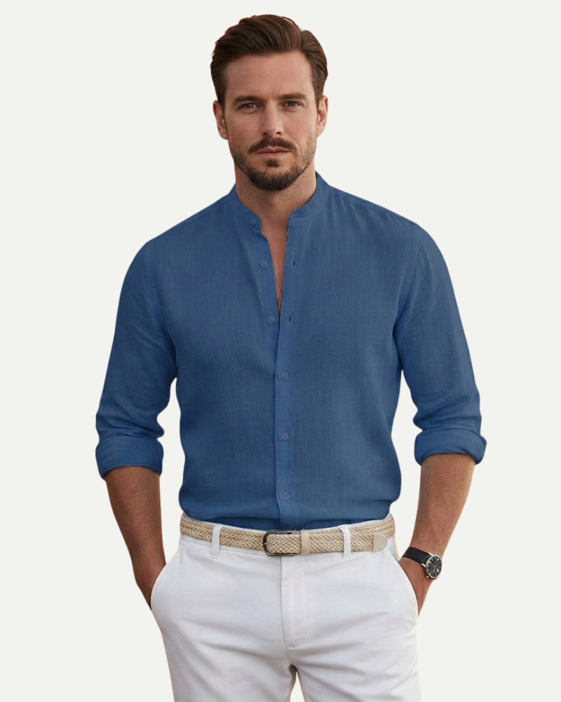 male model wearing blue linen shirt stand collar casual summer look Lubomirske