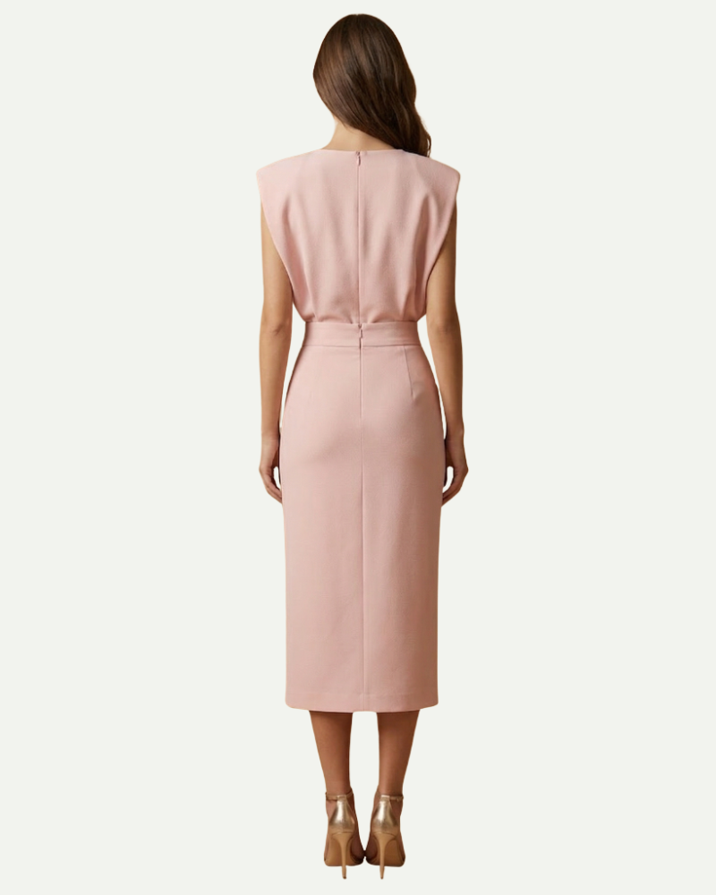 female model wearing blush pink sheath midi dress back view Lubomirske