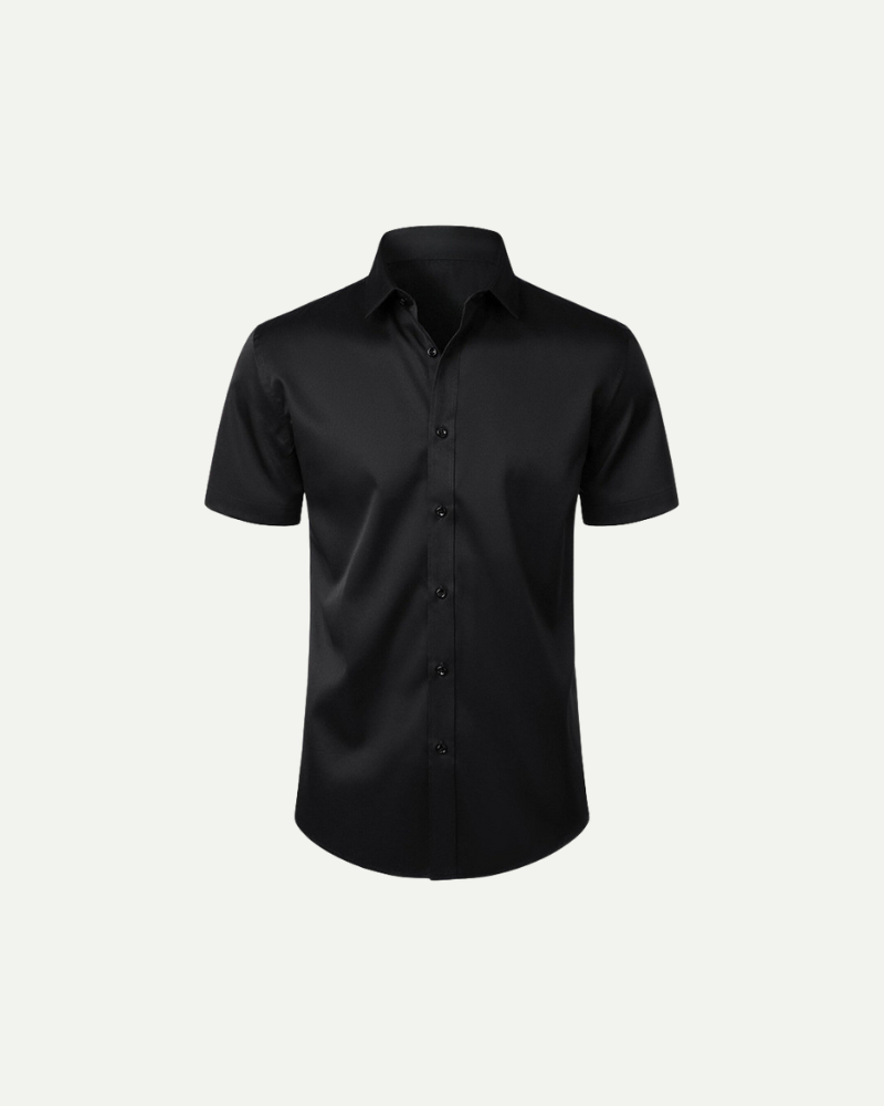 Men’s black short sleeve button-up dress shirt with slim fit