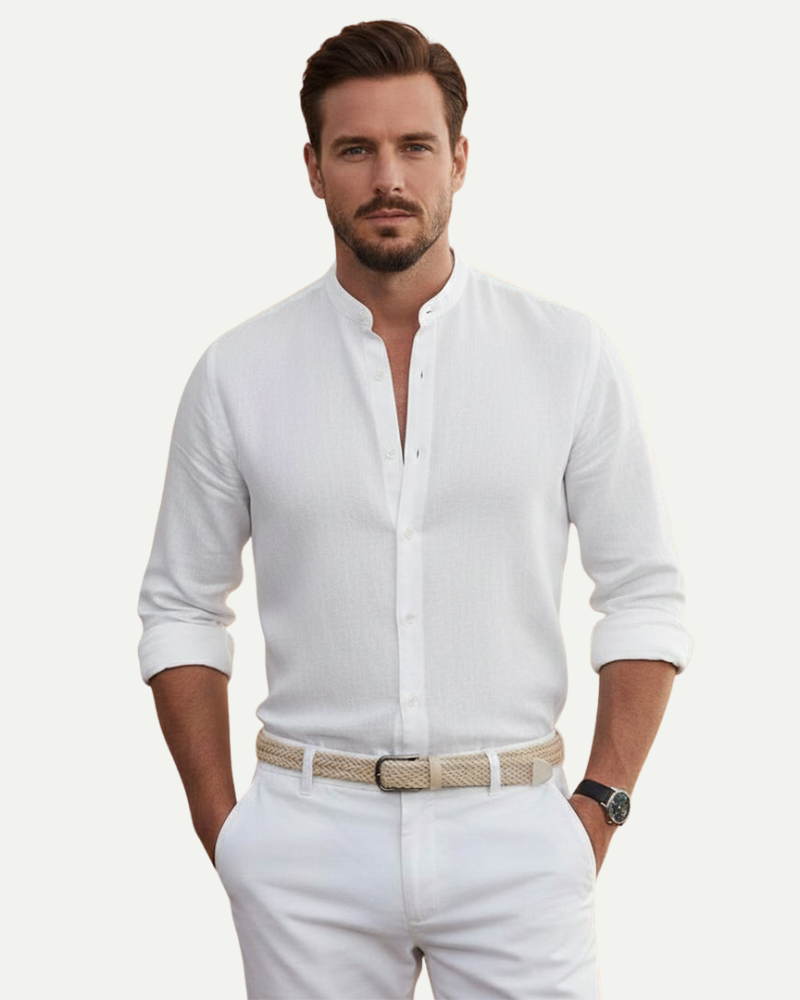 male model wearing white linen shirt stand collar summer outfit Lubomirske