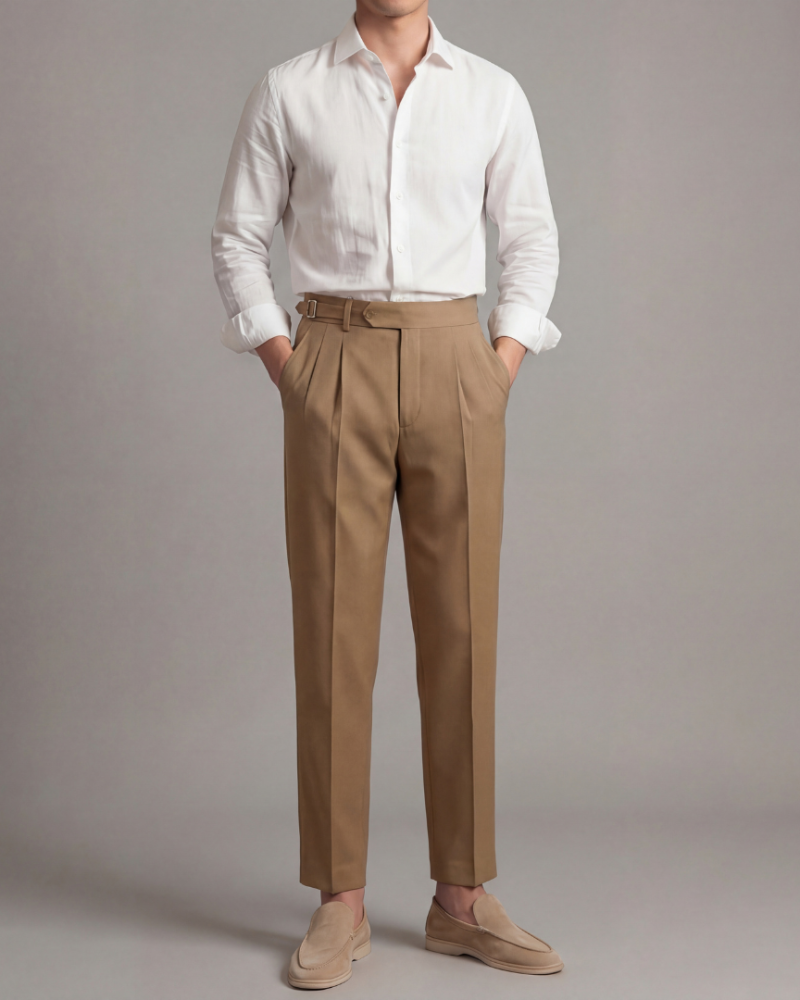 Male model wearing brown tailored dress trousers pleated straight fit smart casual outfit