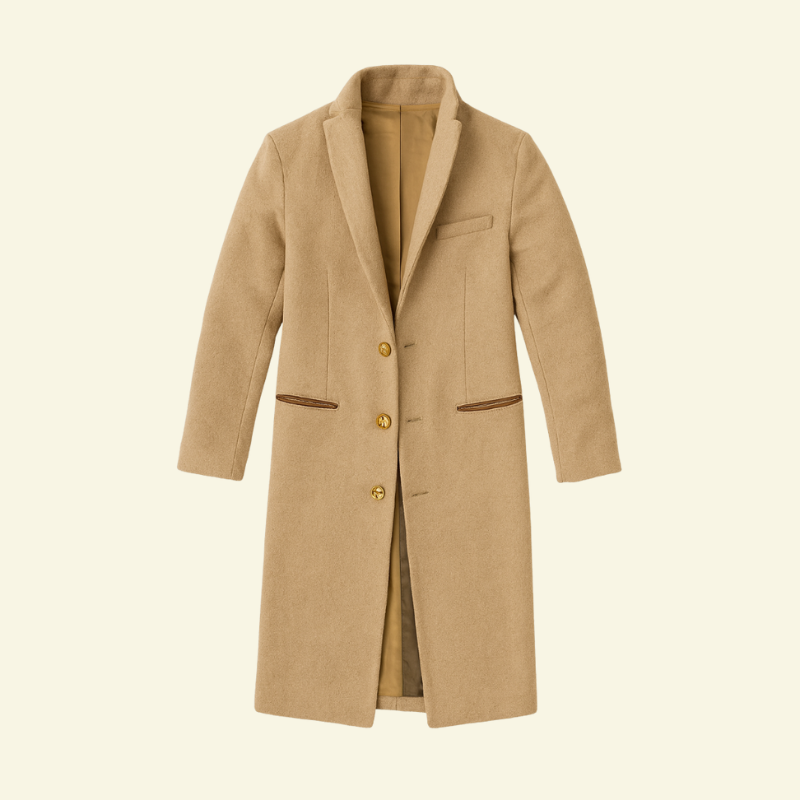 Camel single breasted overcoat for men, front product shot with notch lapels — Aveloire