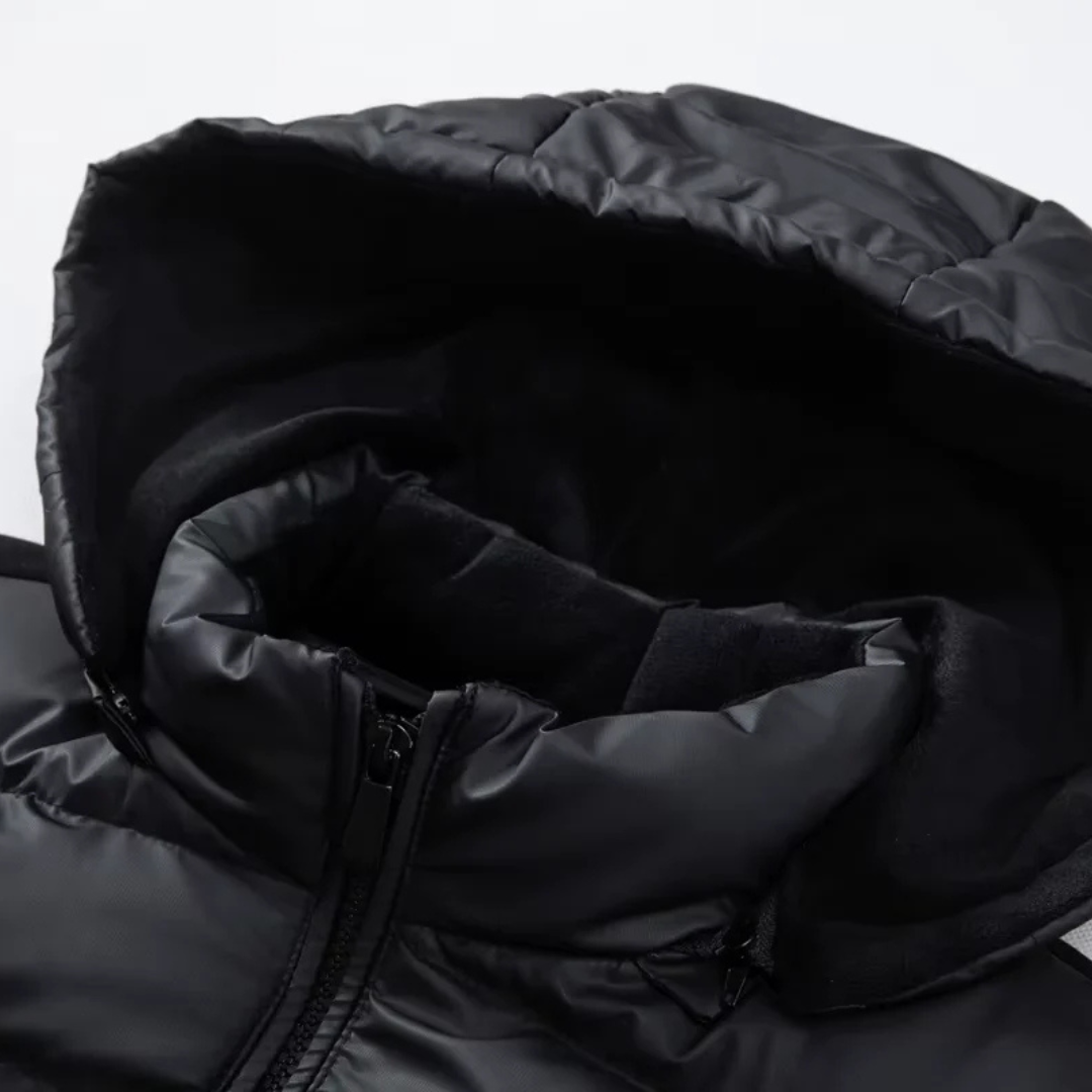 Close-up of the hood interior lining and front zip on the down puffer jacket — Aveloire