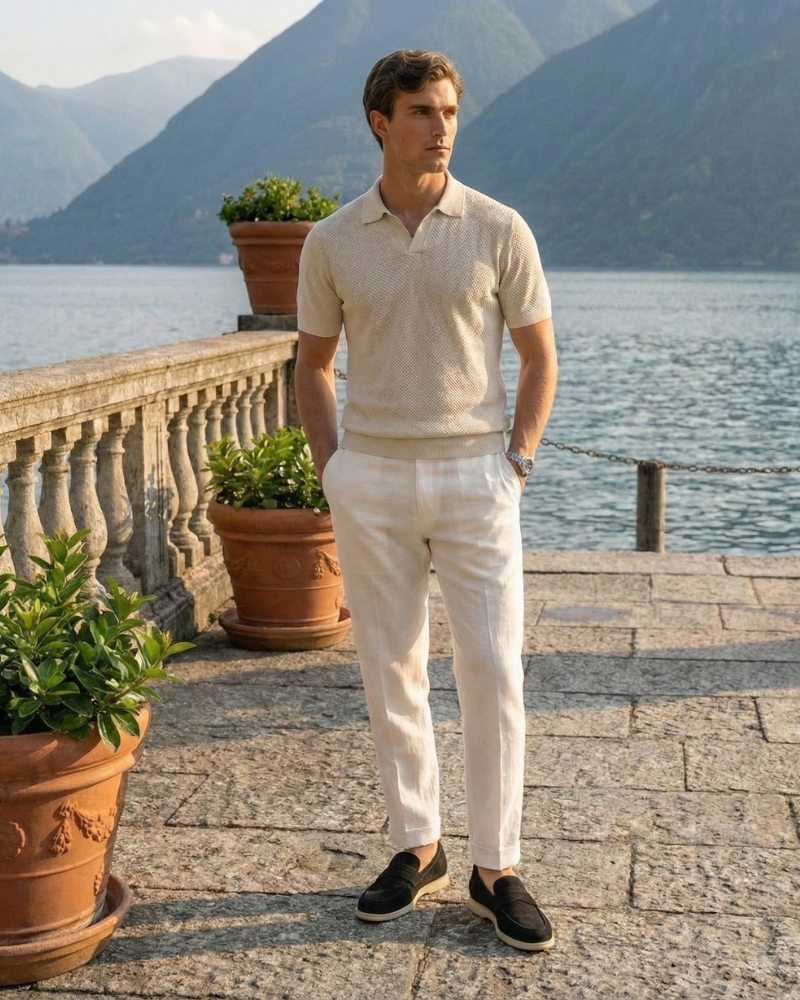 Men’s black leather slip-on loafers styled with casual summer outfit