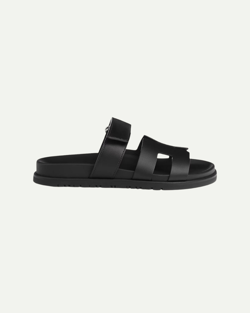 Black velcro strap flat slide sandals with minimalist design