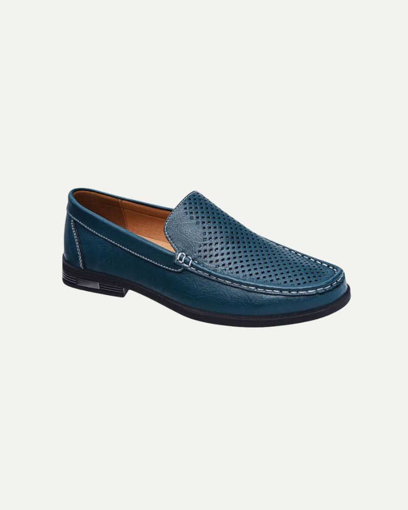 Men’s blue leather slip-on loafers with textured upper