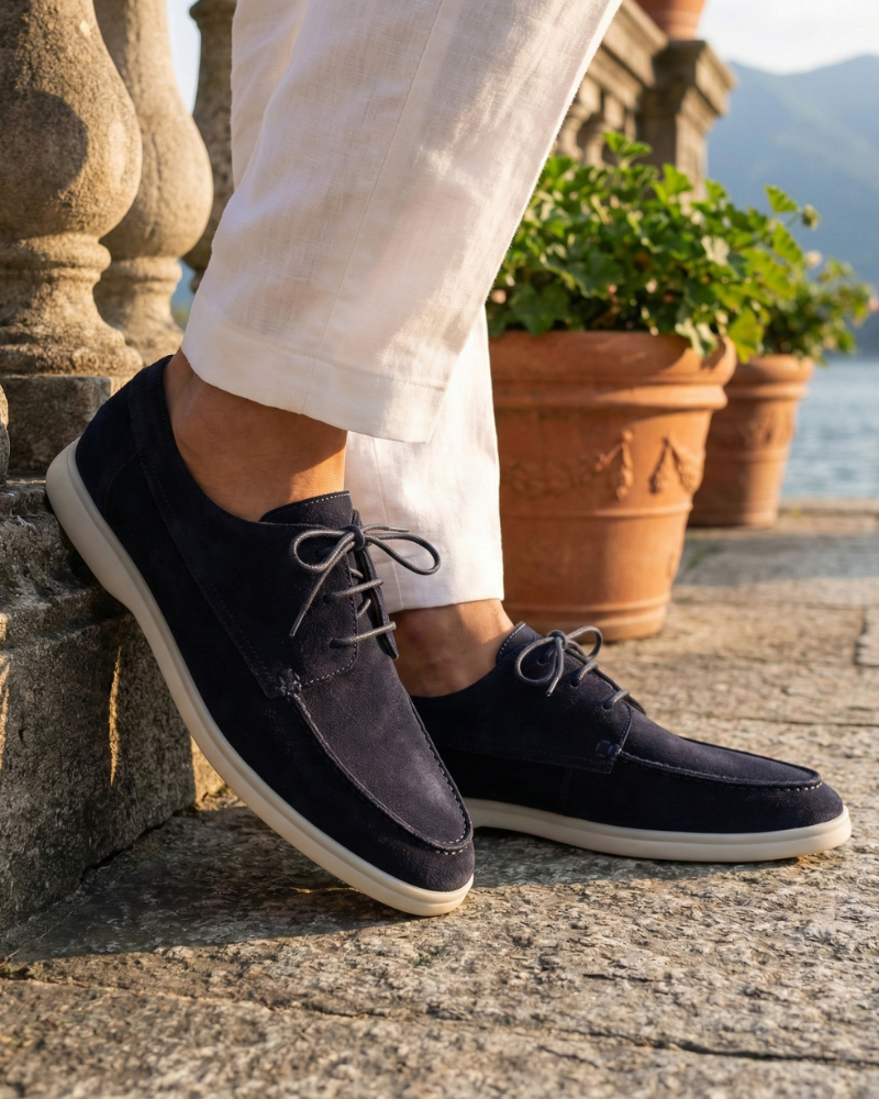 Men’s navy faux leather lace-up loafers styled on feet