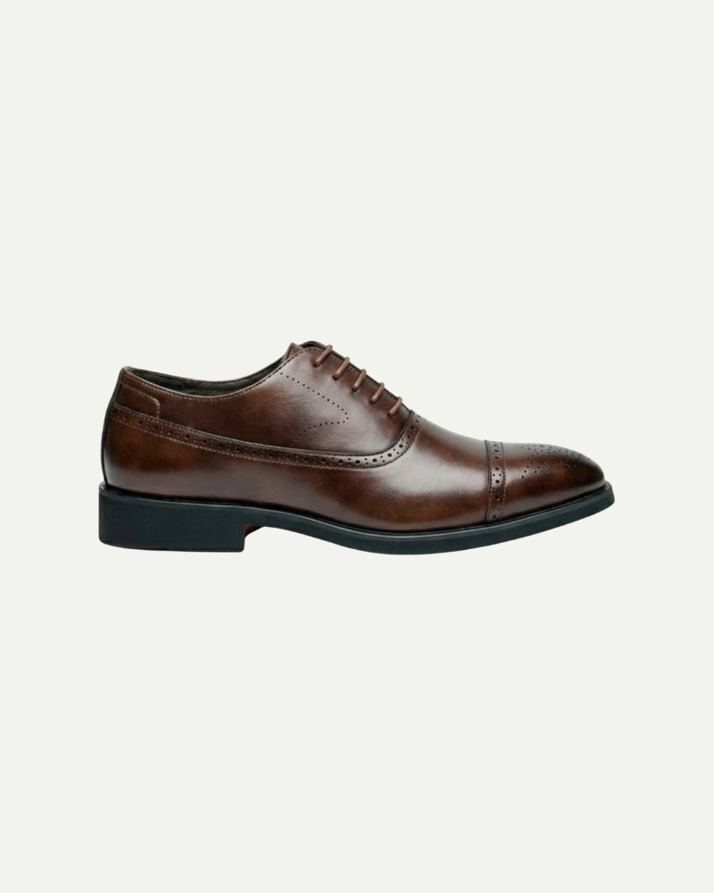 Men’s brown leather lace-up dress shoes with cap toe and formal silhouette