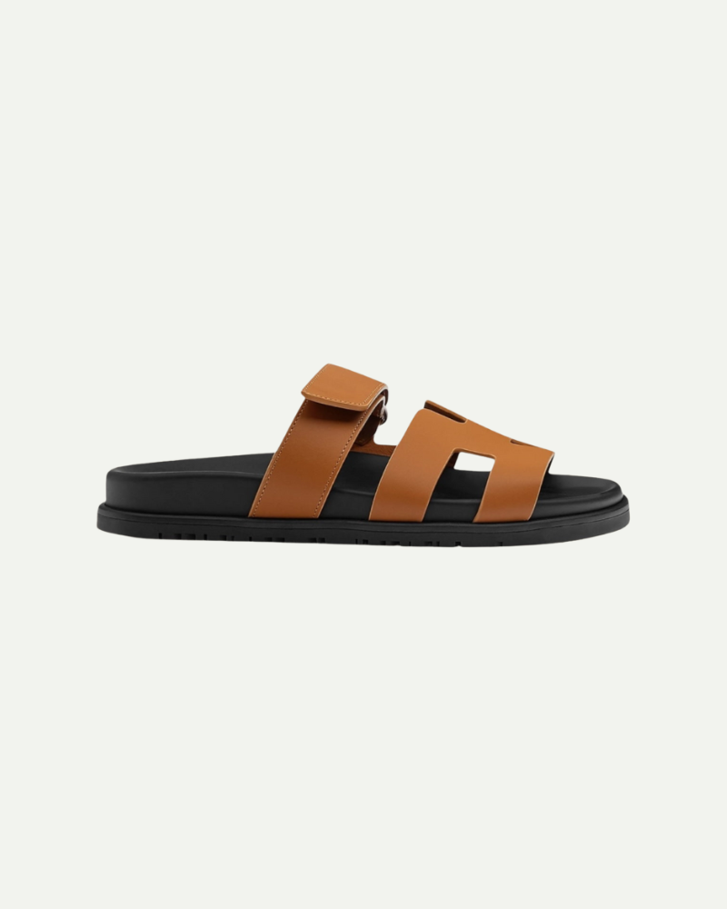 Brown velcro strap flat slide sandals with minimalist design