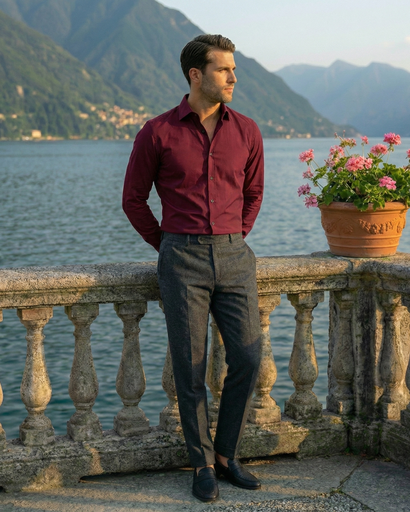 Men’s burgundy slim fit button-up dress shirt with structured collar
