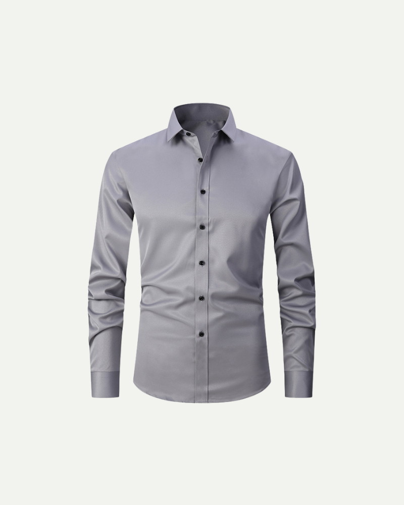 Men’s gray slim fit button-up dress shirt with structured collar